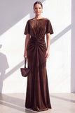 Burgundy Velvet Mermaid Ruched Long Holiday Dress with Sleeves