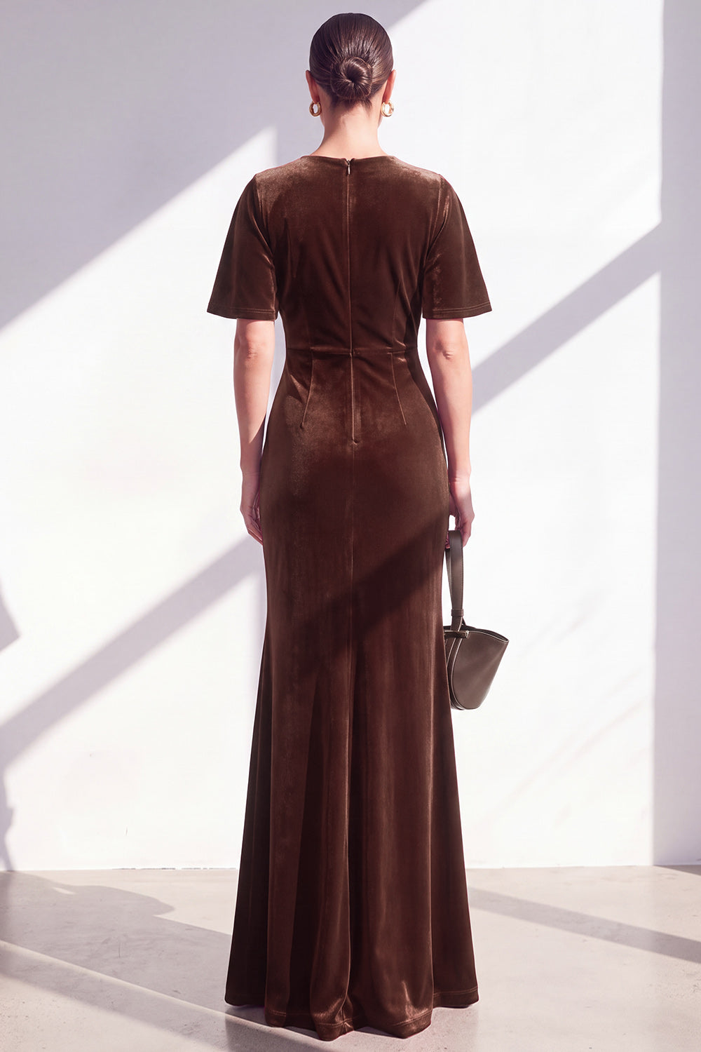 Burgundy Velvet Mermaid Ruched Long Holiday Dress with Sleeves