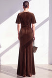 Burgundy Velvet Mermaid Ruched Long Holiday Dress with Sleeves