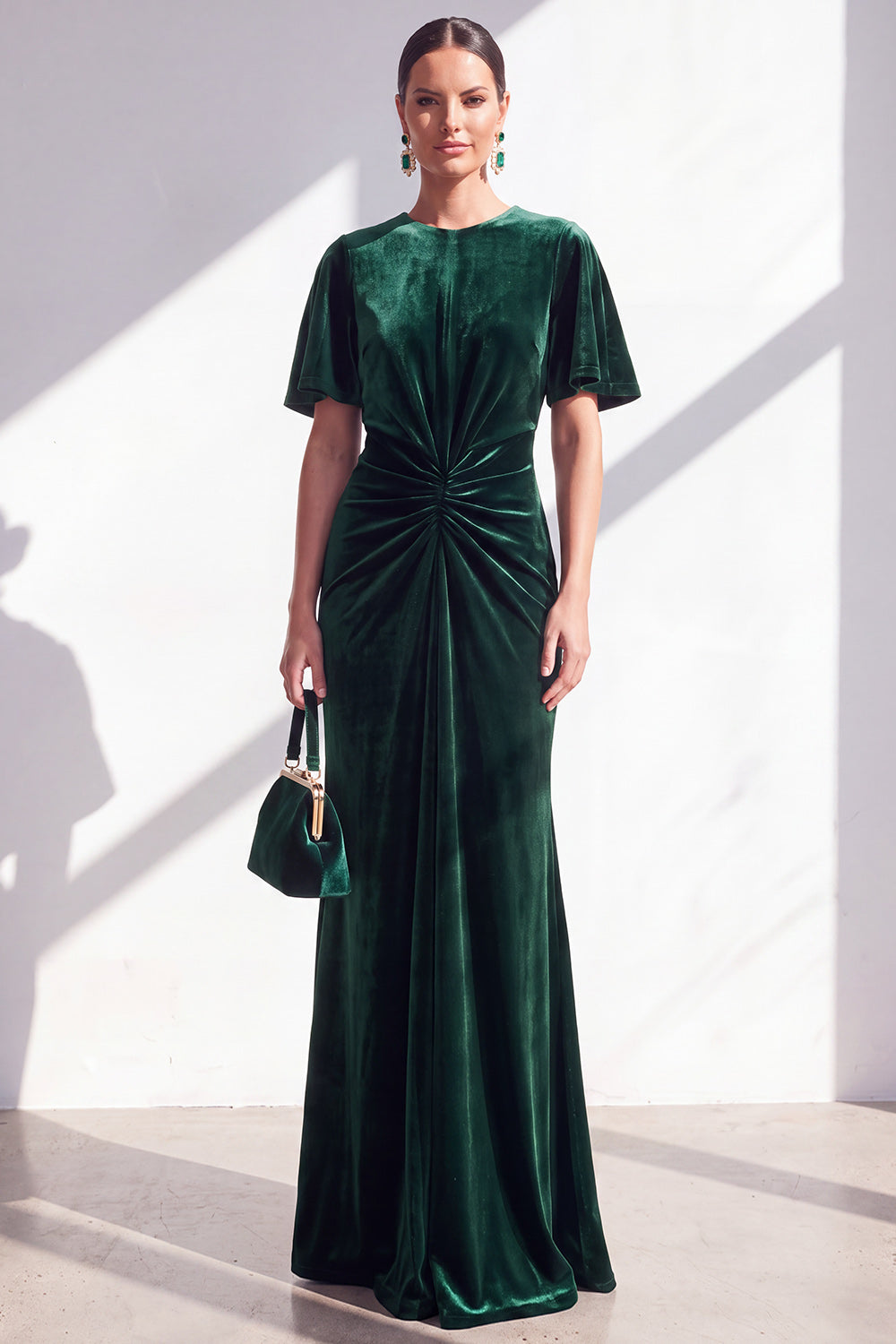 Burgundy Velvet Mermaid Ruched Long Holiday Dress with Sleeves