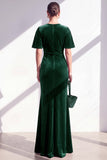 Burgundy Velvet Mermaid Ruched Long Holiday Dress with Sleeves