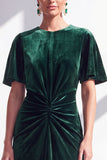 Burgundy Velvet Mermaid Ruched Long Holiday Dress with Sleeves