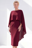 Burgundy Chiffon Bodycon Round Neck Midi Holiday Dress with Cape