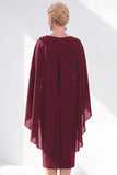 Burgundy Chiffon Bodycon Round Neck Midi Holiday Dress with Cape