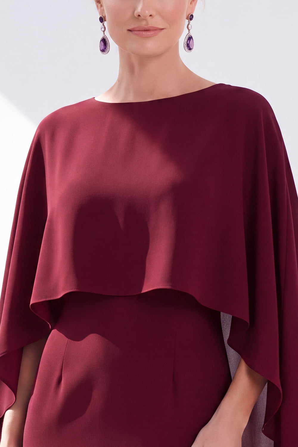 Burgundy Chiffon Bodycon Round Neck Midi Holiday Dress with Cape
