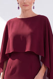 Burgundy Chiffon Bodycon Round Neck Midi Holiday Dress with Cape