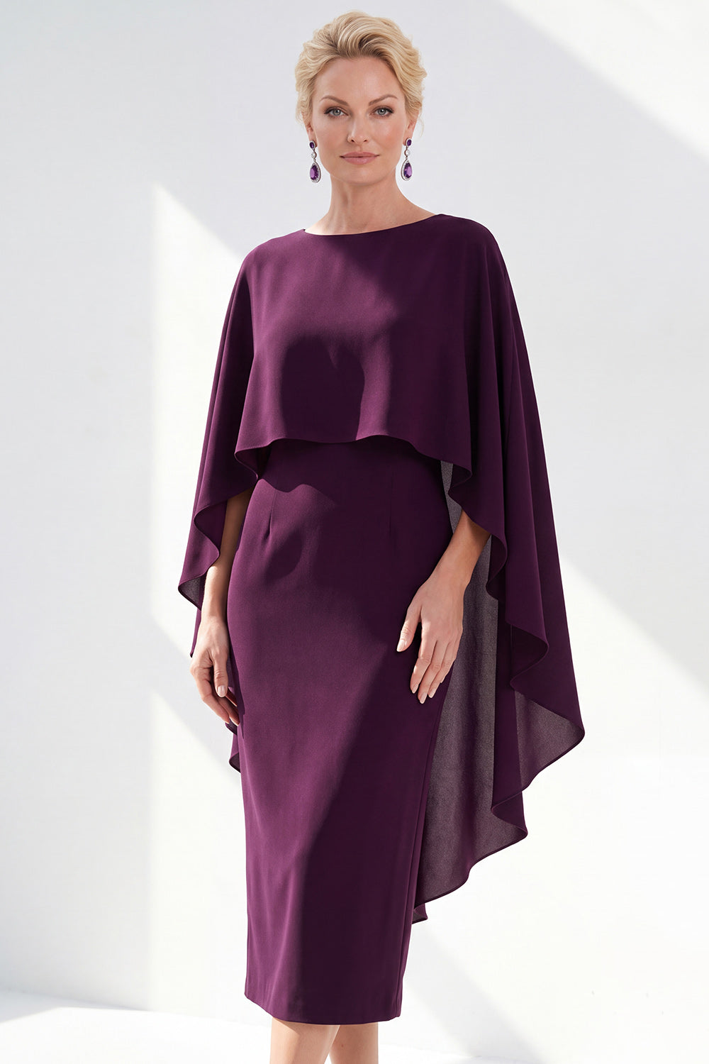 Burgundy Chiffon Bodycon Round Neck Midi Holiday Dress with Cape
