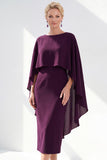 Burgundy Chiffon Bodycon Round Neck Midi Holiday Dress with Cape