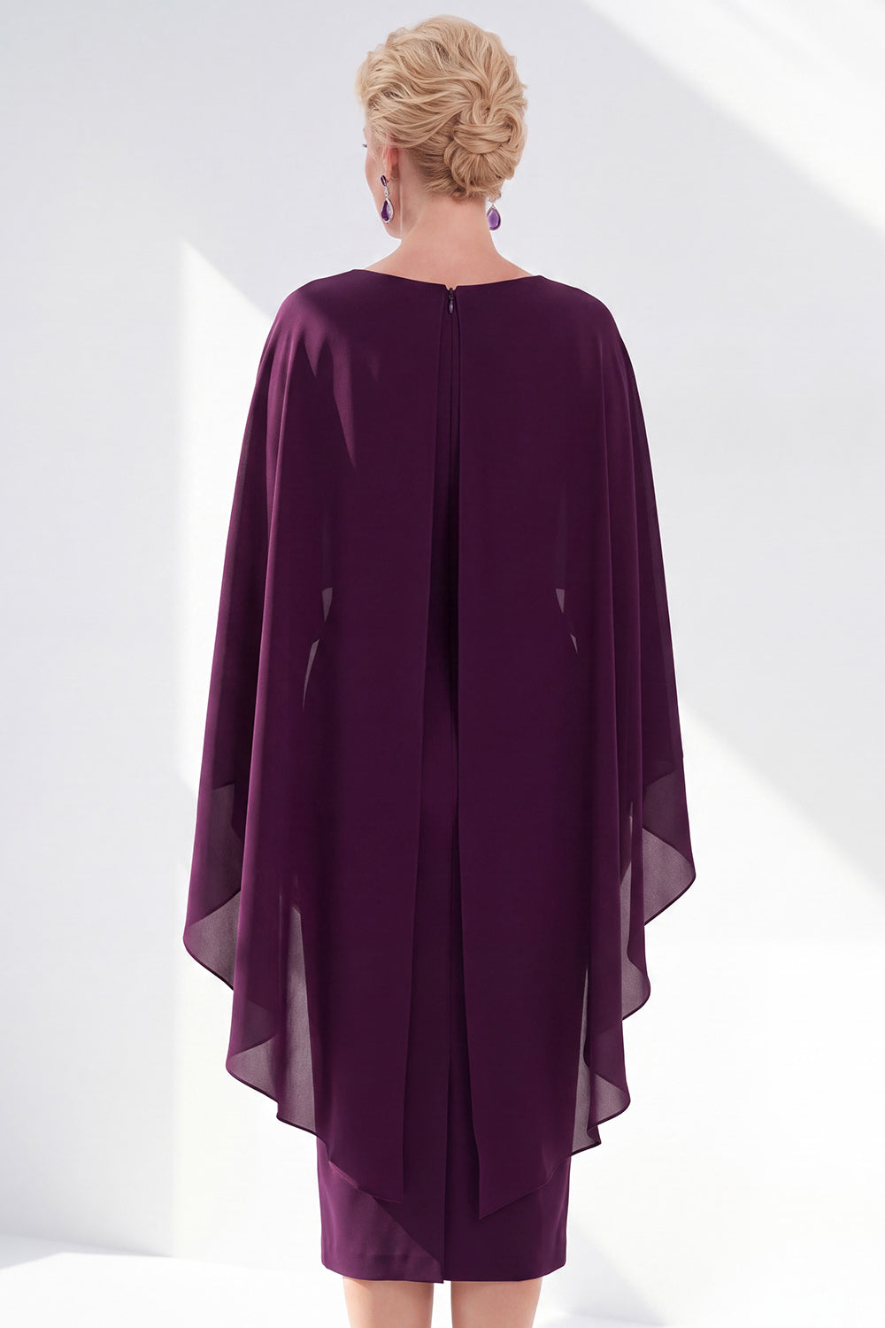 Burgundy Chiffon Bodycon Round Neck Midi Holiday Dress with Cape