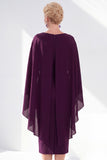 Burgundy Chiffon Bodycon Round Neck Midi Holiday Dress with Cape