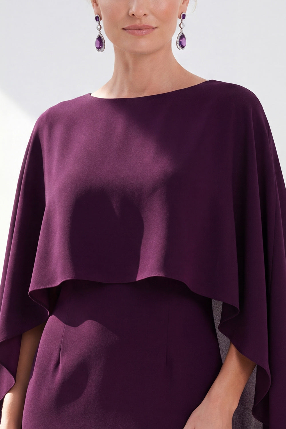 Burgundy Chiffon Bodycon Round Neck Midi Holiday Dress with Cape