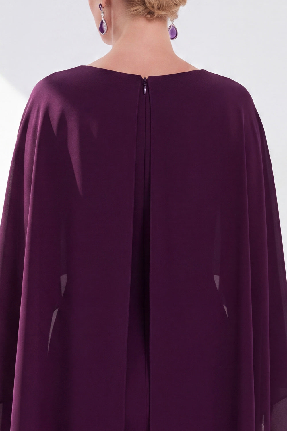 Burgundy Chiffon Bodycon Round Neck Midi Holiday Dress with Cape