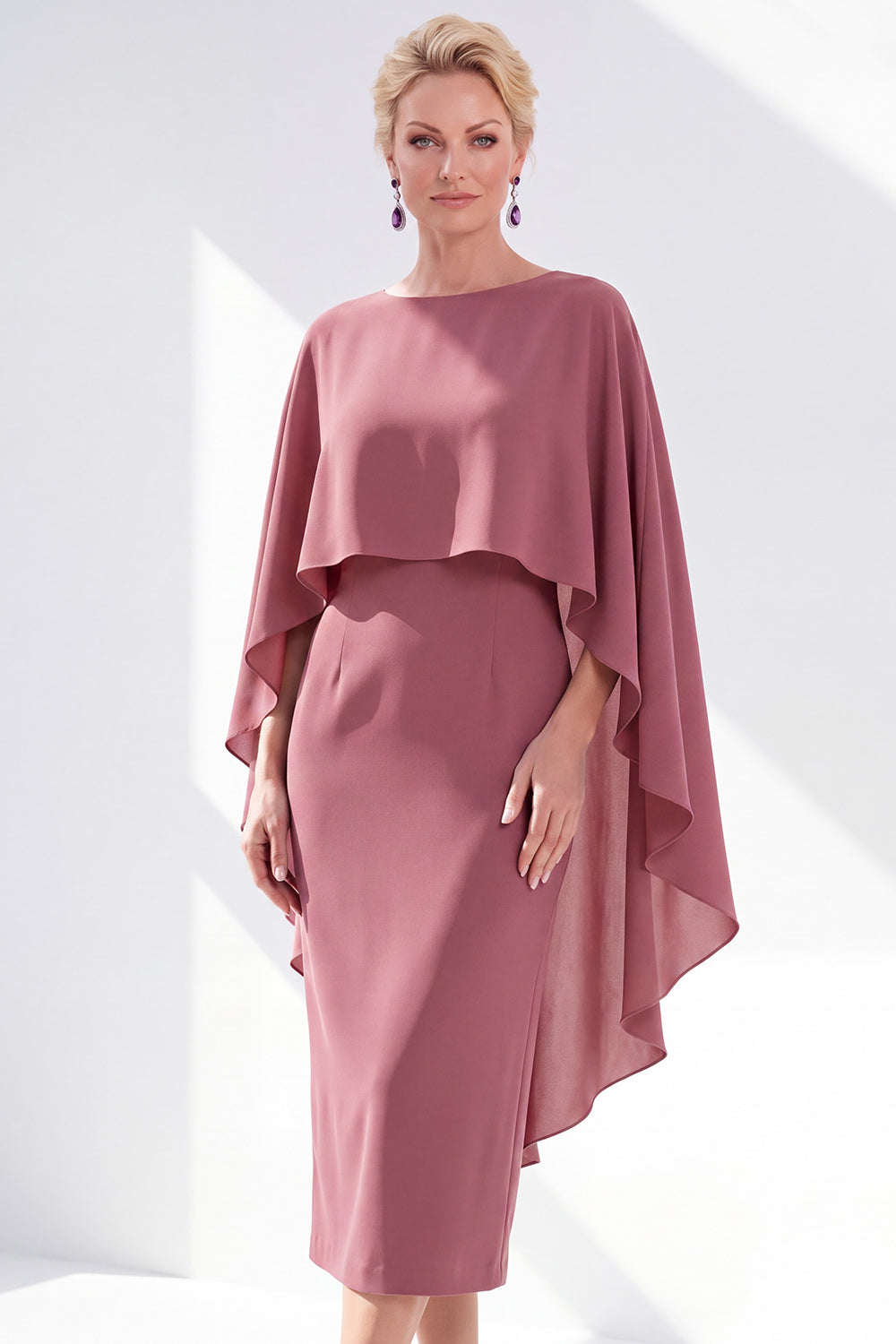 Burgundy Chiffon Bodycon Round Neck Midi Holiday Dress with Cape