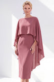 Burgundy Chiffon Bodycon Round Neck Midi Holiday Dress with Cape