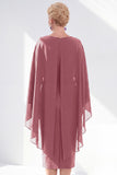 Burgundy Chiffon Bodycon Round Neck Midi Holiday Dress with Cape