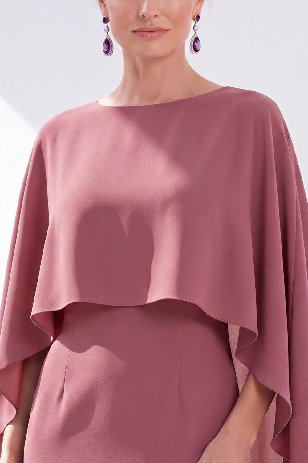 Burgundy Chiffon Bodycon Round Neck Midi Holiday Dress with Cape