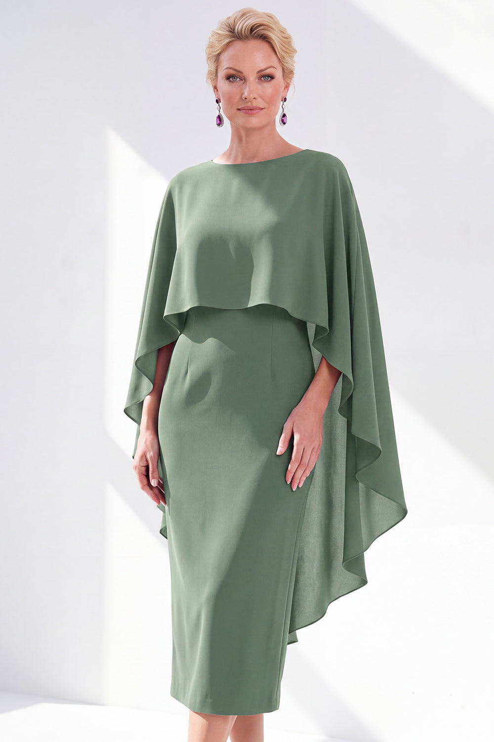 Burgundy Chiffon Bodycon Round Neck Midi Holiday Dress with Cape