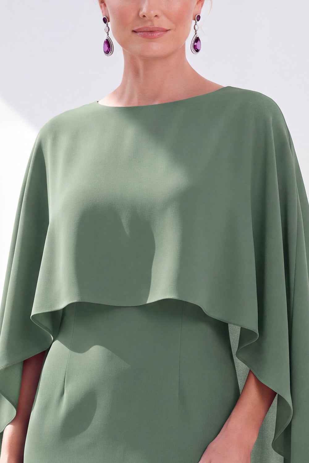 Burgundy Chiffon Bodycon Round Neck Midi Holiday Dress with Cape