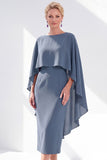 Burgundy Chiffon Bodycon Round Neck Midi Holiday Dress with Cape