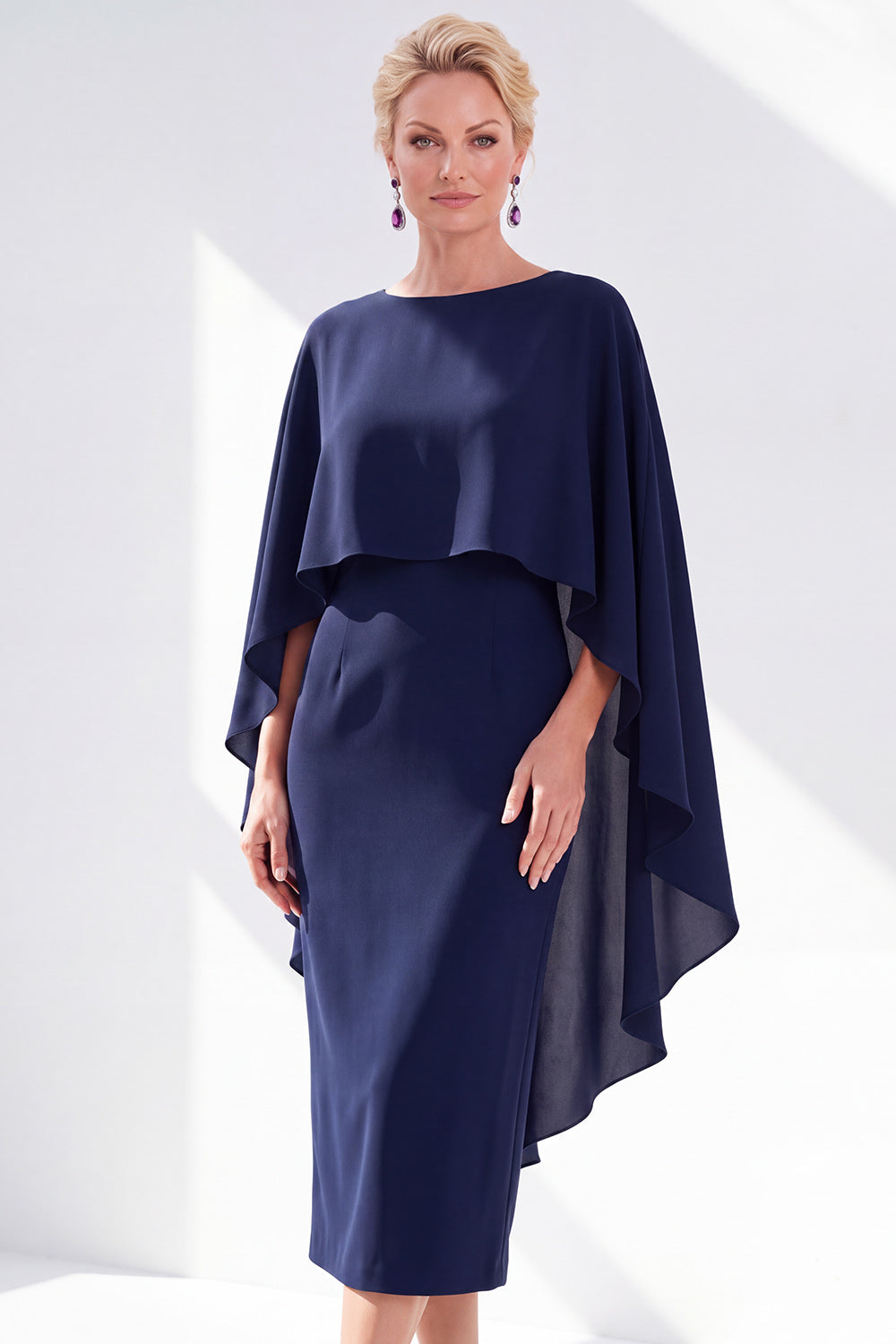 Burgundy Chiffon Bodycon Round Neck Midi Holiday Dress with Cape
