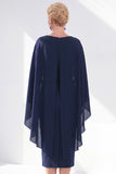 Burgundy Chiffon Bodycon Round Neck Midi Holiday Dress with Cape