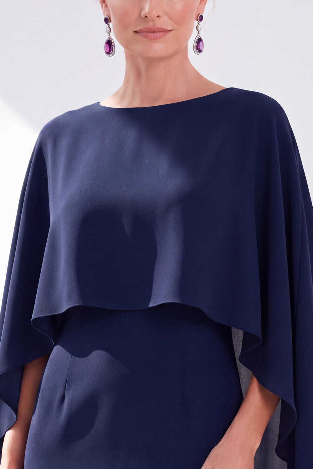 Burgundy Chiffon Bodycon Round Neck Midi Holiday Dress with Cape