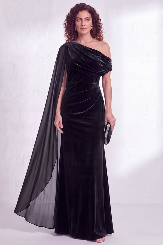 Black Velvet One Shoulder Ruched Long Holiday Dress with Side Cape