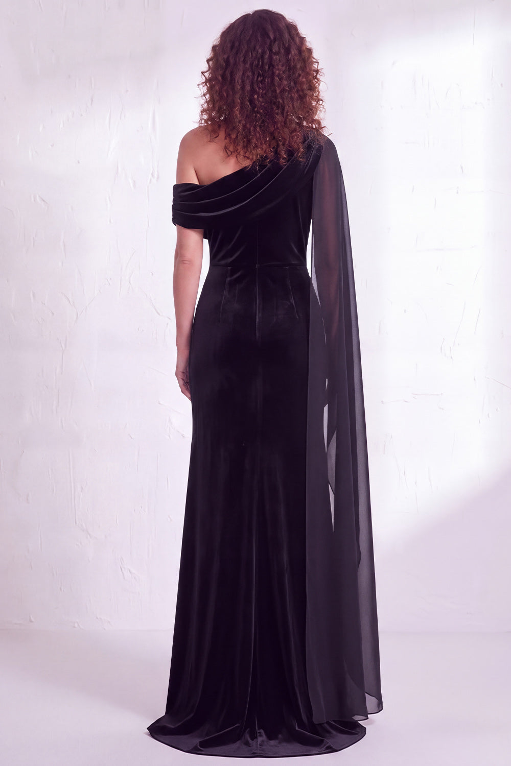 Black Velvet One Shoulder Ruched Long Holiday Dress with Side Cape