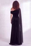 Black Velvet One Shoulder Ruched Long Holiday Dress with Side Cape