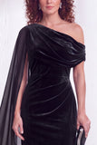 Black Velvet One Shoulder Ruched Long Holiday Dress with Side Cape