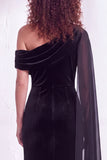 Black Velvet One Shoulder Ruched Long Holiday Dress with Side Cape