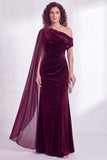 Black Velvet One Shoulder Ruched Long Holiday Dress with Side Cape