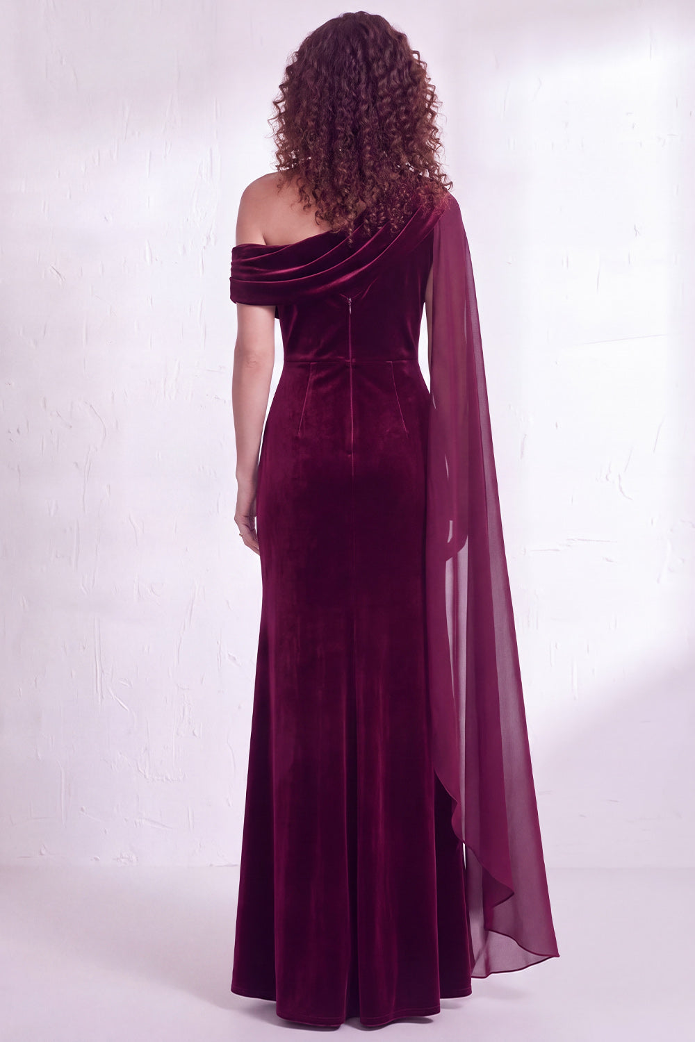 Black Velvet One Shoulder Ruched Long Holiday Dress with Side Cape