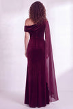 Black Velvet One Shoulder Ruched Long Holiday Dress with Side Cape