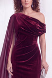 Black Velvet One Shoulder Ruched Long Holiday Dress with Side Cape