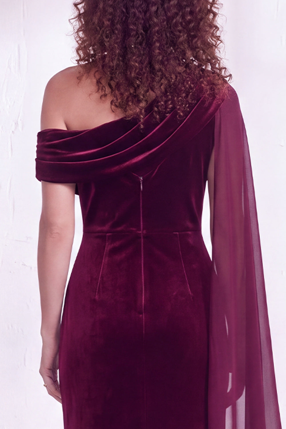 Black Velvet One Shoulder Ruched Long Holiday Dress with Side Cape