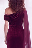 Black Velvet One Shoulder Ruched Long Holiday Dress with Side Cape