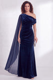 Black Velvet One Shoulder Ruched Long Holiday Dress with Side Cape