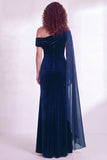 Black Velvet One Shoulder Ruched Long Holiday Dress with Side Cape