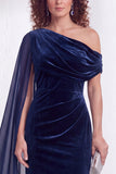 Black Velvet One Shoulder Ruched Long Holiday Dress with Side Cape