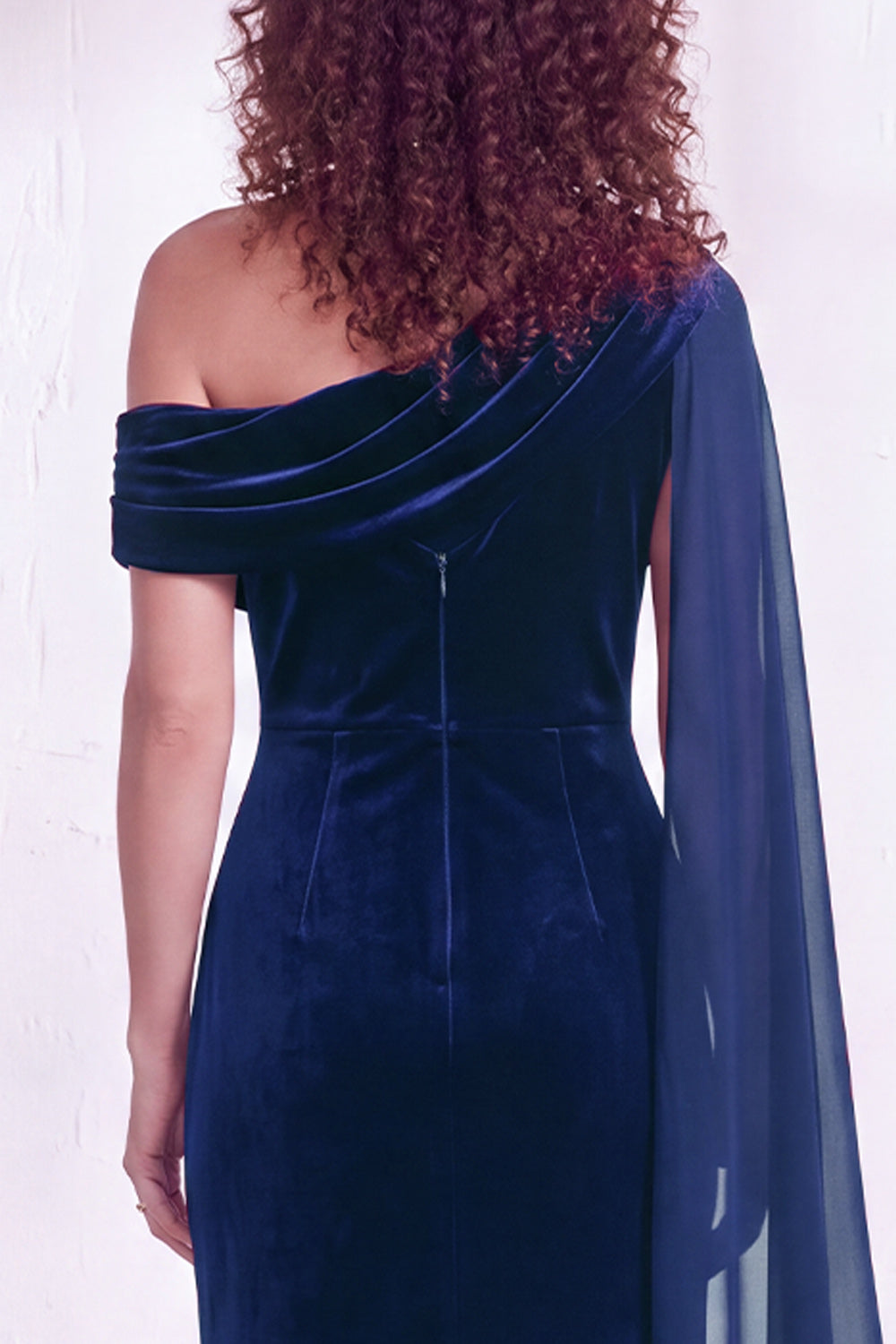 Black Velvet One Shoulder Ruched Long Holiday Dress with Side Cape