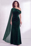 Black Velvet One Shoulder Ruched Long Holiday Dress with Side Cape