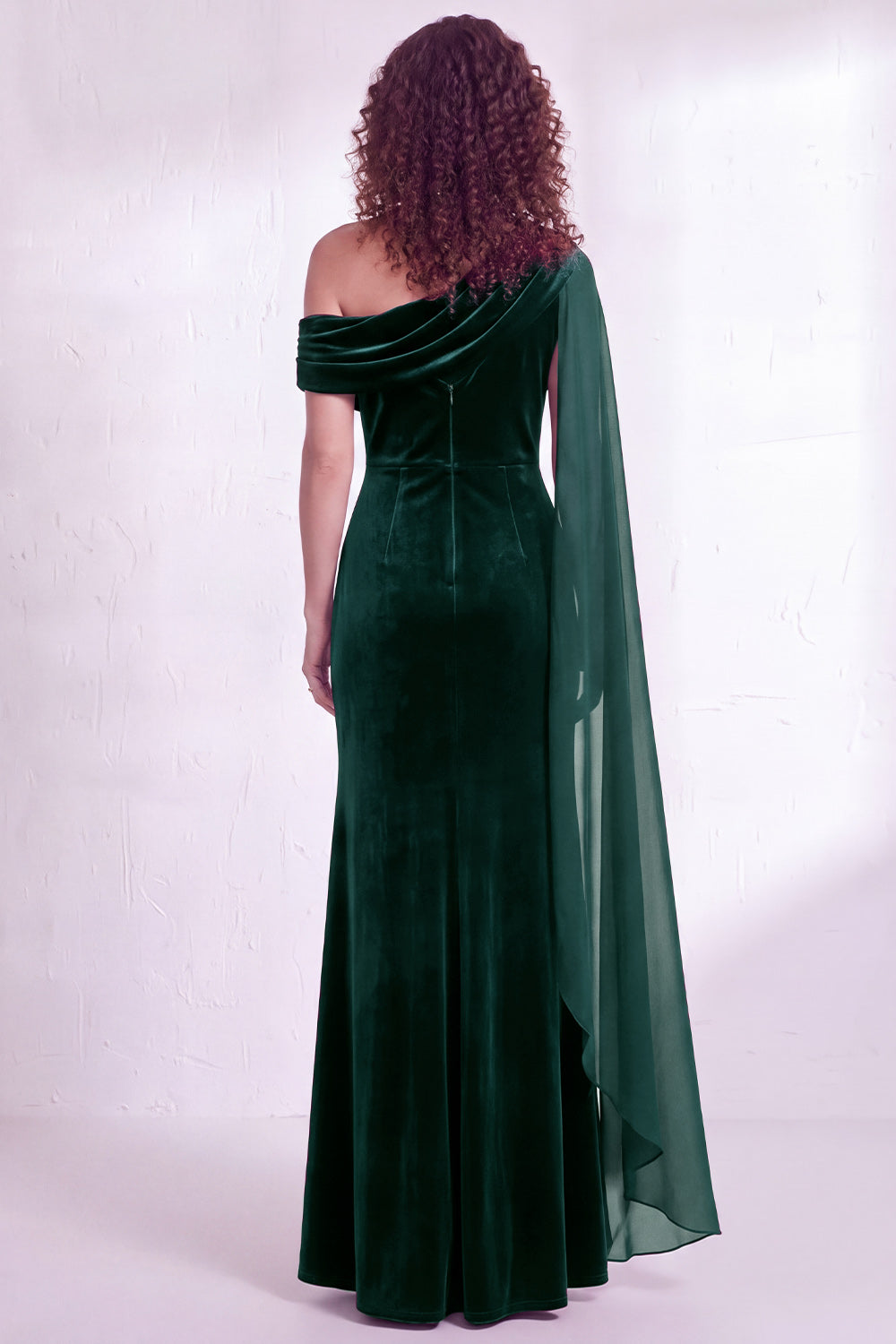Black Velvet One Shoulder Ruched Long Holiday Dress with Side Cape