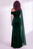 Black Velvet One Shoulder Ruched Long Holiday Dress with Side Cape
