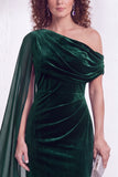 Black Velvet One Shoulder Ruched Long Holiday Dress with Side Cape