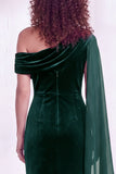 Black Velvet One Shoulder Ruched Long Holiday Dress with Side Cape