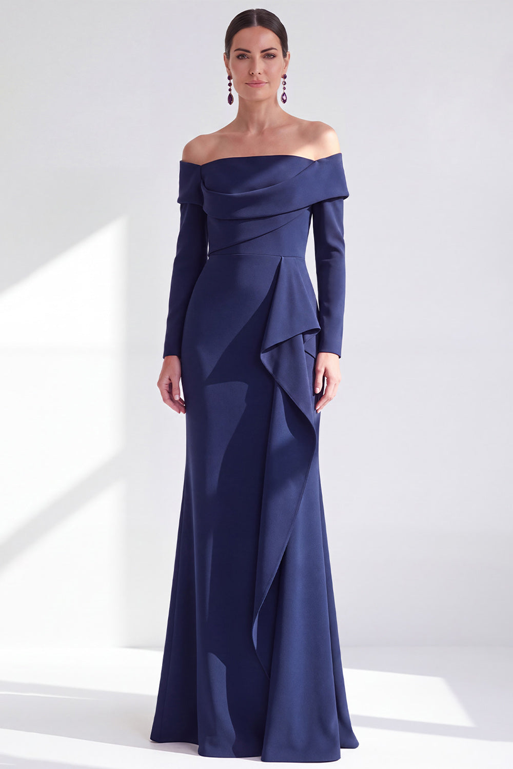 Dark Purple Mermaid Ruched Ruffled Long Sleeves Holiday Dress