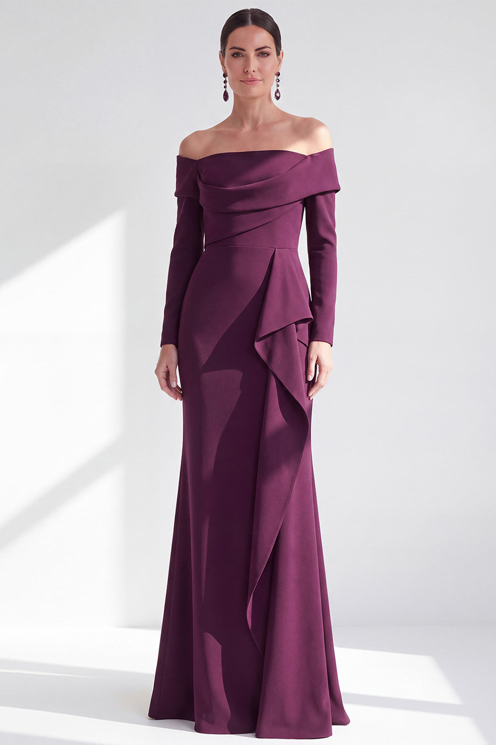 Dark Purple Mermaid Ruched Ruffled Long Sleeves Holiday Dress