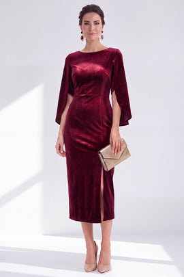 Burgundy Velvet Bodycon Boat Neck Midi Holiday Dress with Sleeves