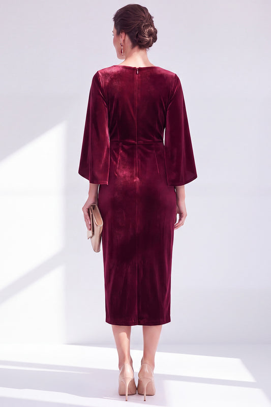 Burgundy Velvet Bodycon Boat Neck Midi Holiday Dress with Sleeves